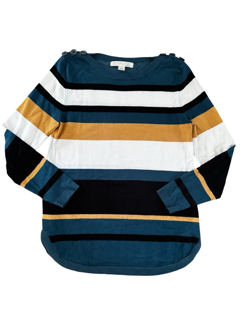 Striped Crewneck Sweater in Teal, White, Black & Gold - Emaline